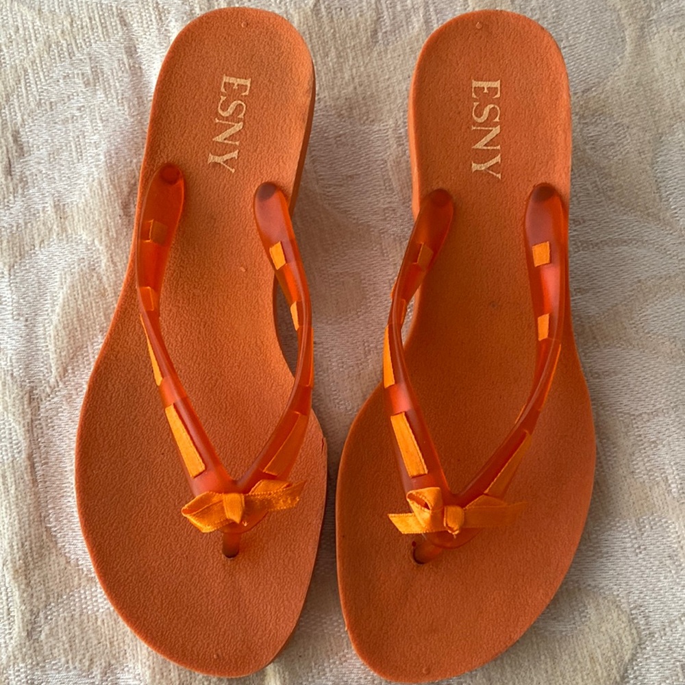 ESNY Orange Kitten Heel Rubber Sandal/Satin Ribbon, Bow Sz 7
